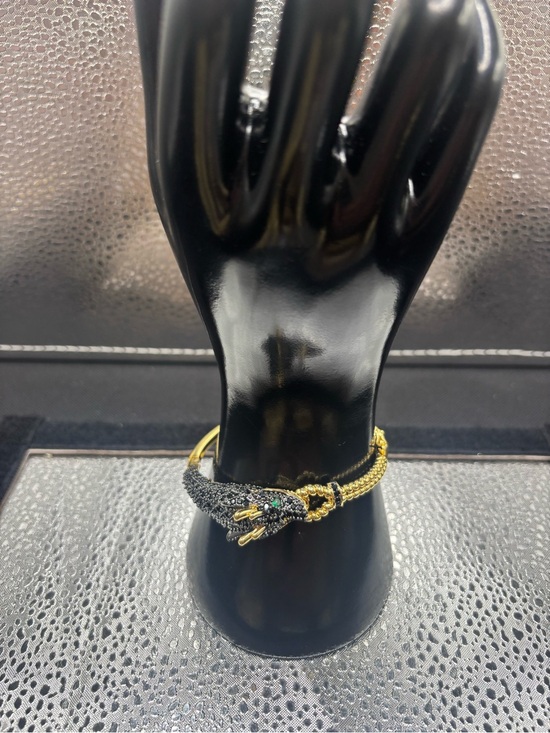Gold-Tone Cuff Watch Bracelet with Black Pavé Serpent Accent